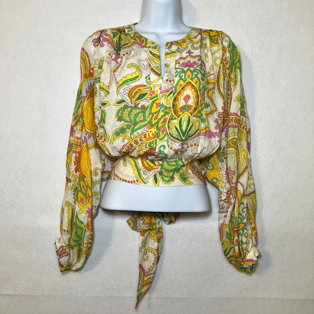 Haute Hippie Paisley Boho Chic Whimsigoth 70s Retro Peasant Crop Tie Back Top S